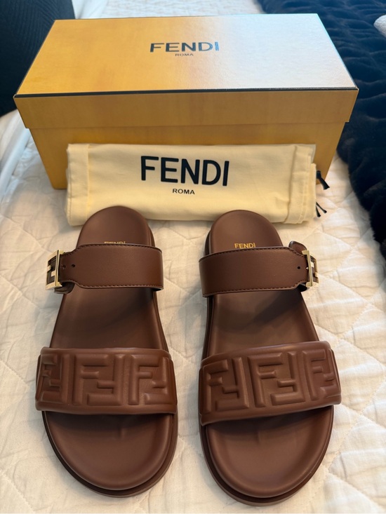 Fendi Shoes - Fendi FF FeelsBrown Logo Slide Sandals